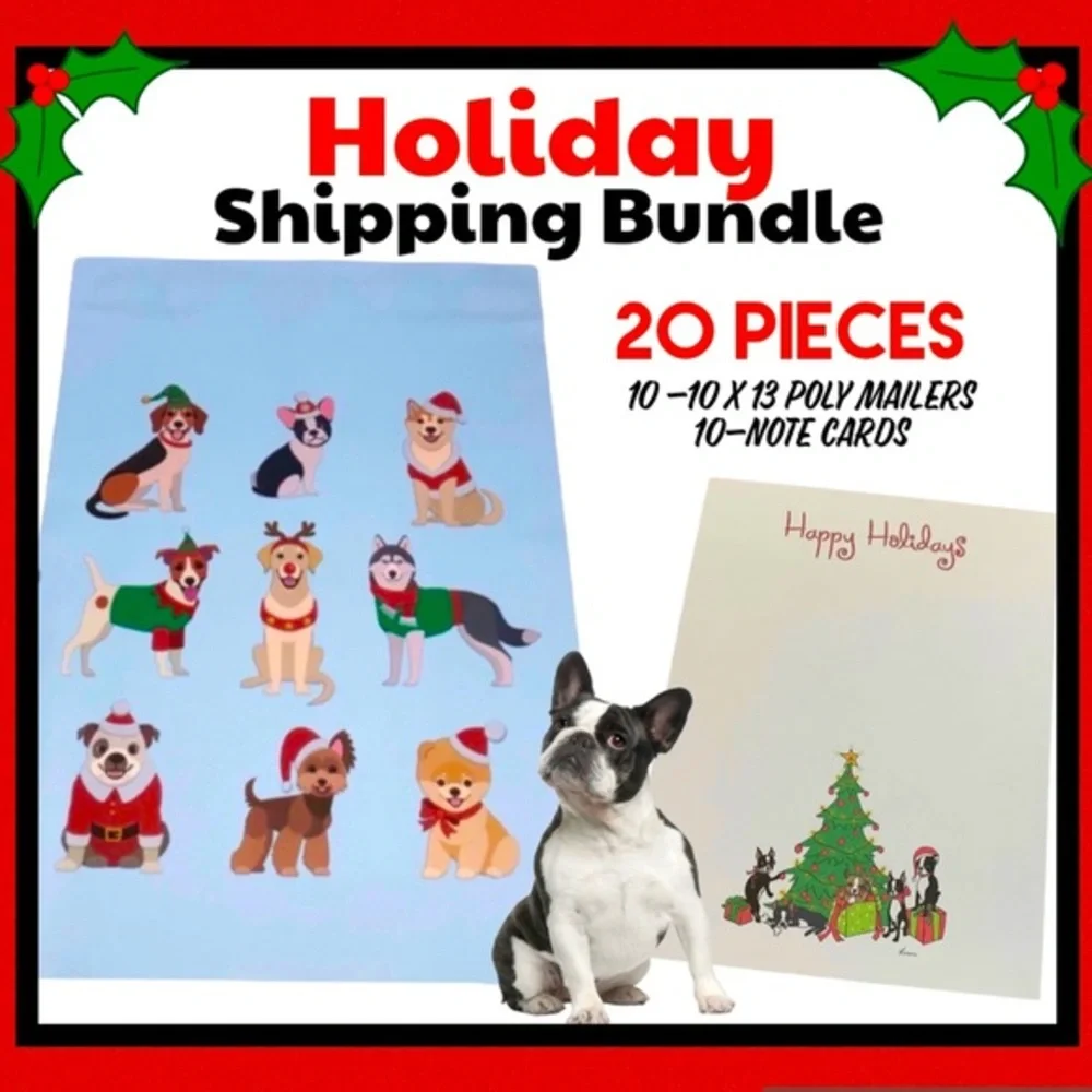 20 piece dog holiday Christmas Shipping bundle note cards 10”X 13” poly mailers
